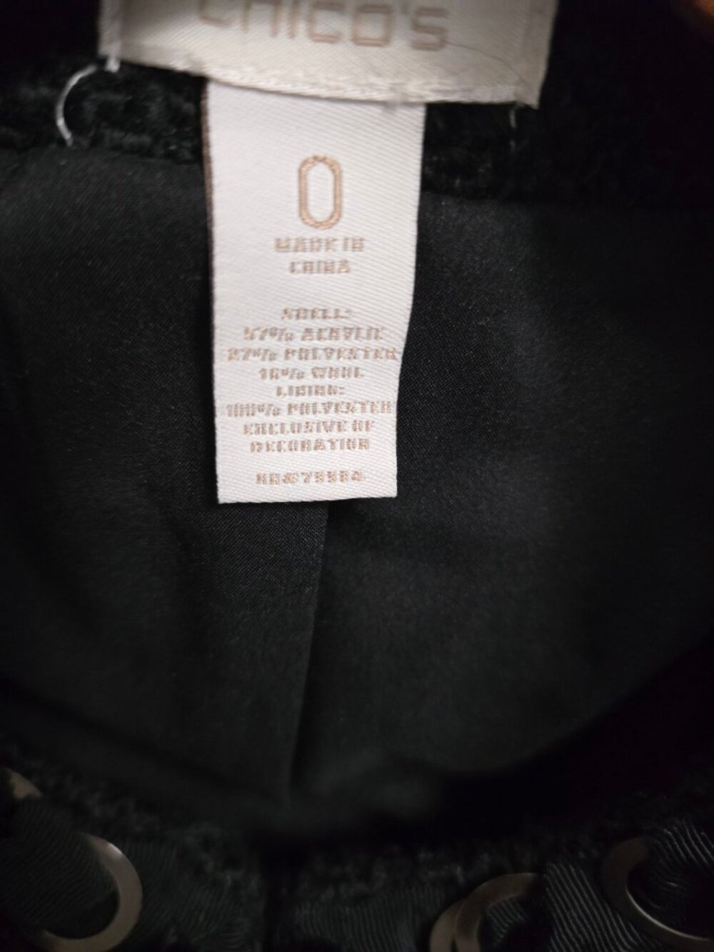 Chicos Size 0 Black Textured Prena Jacket With Beaded & Metal Ring - Picture 2 of 12